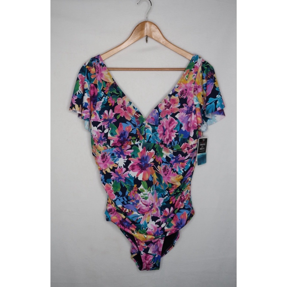 Swim Solutions Garden Dreams One Piece Swimsuit Flutter Sleeve Floral 18 NWT - Picture 3 of 11